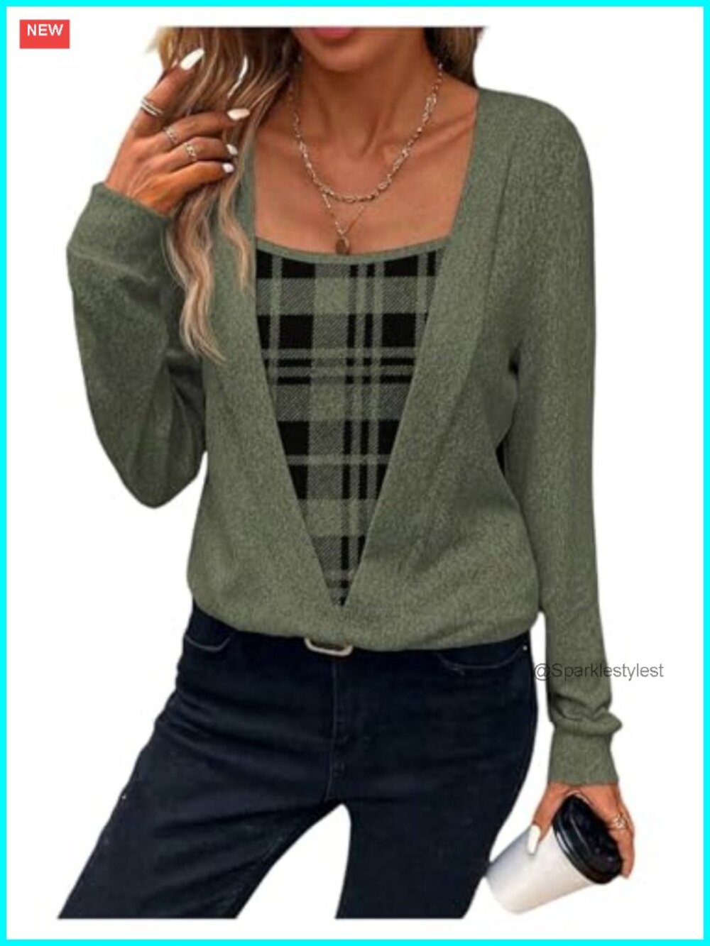 Milumia Plaid Print Long Sleeve Square Neck Pullover Top